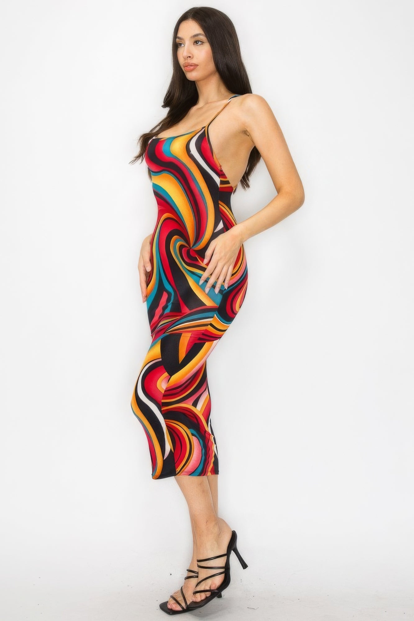 Stacey B's Crossed Back Marble Print Multicolor Midi Dress