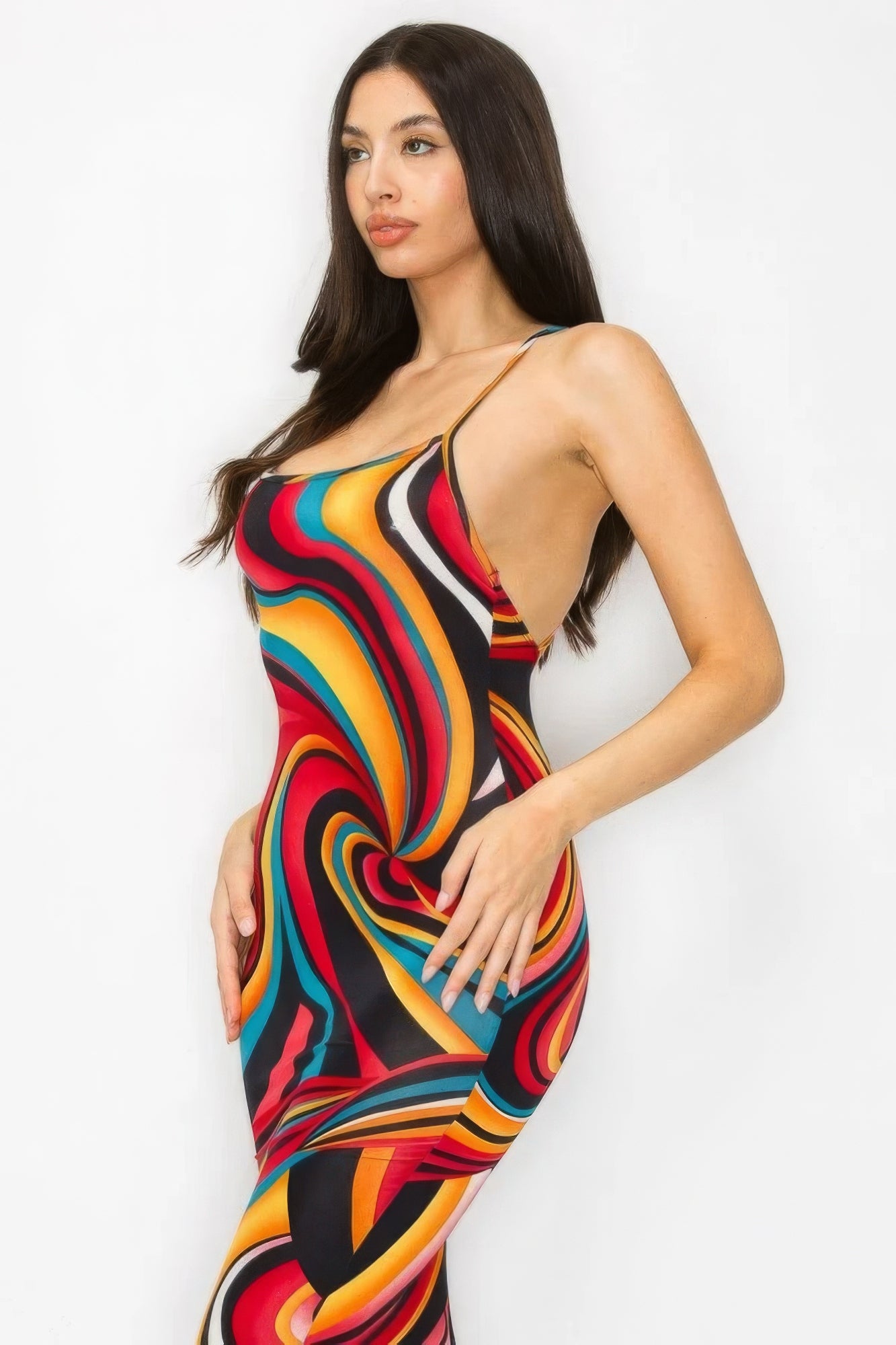 Stacey B's Crossed Back Marble Print Multicolor Midi Dress
