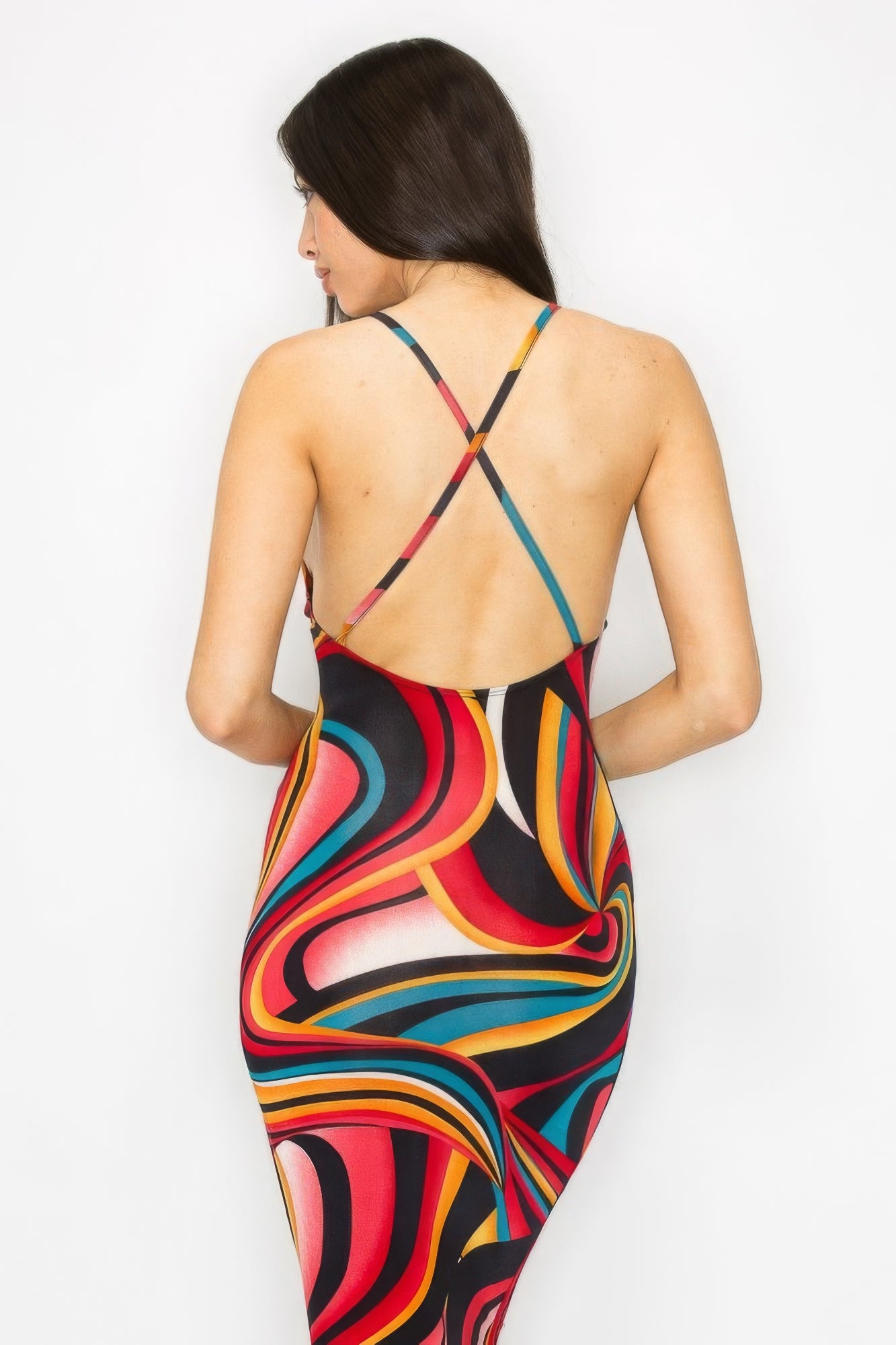Stacey B's Crossed Back Marble Print Multicolor Midi Dress