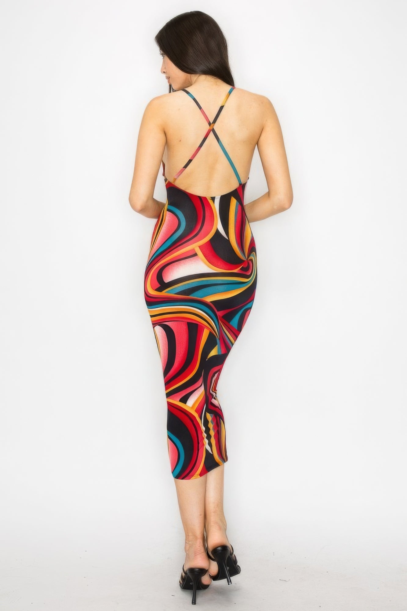 Stacey B's Crossed Back Marble Print Multicolor Midi Dress