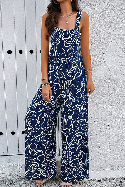 Stacey B's Printed Wide Strap Jumpsuit with Pockets