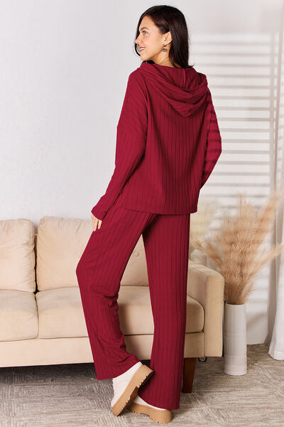 Stacey B's Basic Bae Full Size Ribbed Drawstring Hood Top and Straight Pants Set