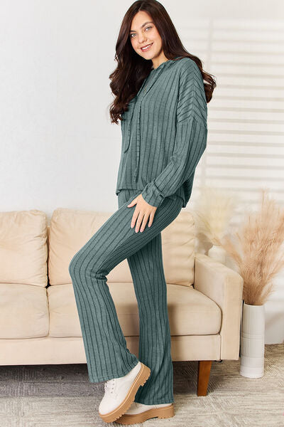 Stacey B's Basic Bae Full Size Ribbed Drawstring Hood Top and Straight Pants Set