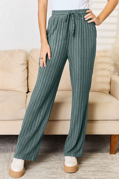 Stacey B's Basic Bae Full Size Ribbed Drawstring Hood Top and Straight Pants Set