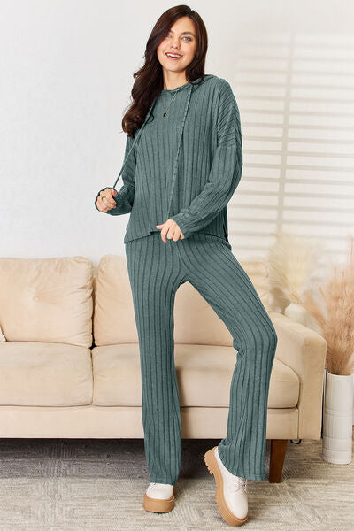 Stacey B's Basic Bae Full Size Ribbed Drawstring Hood Top and Straight Pants Set