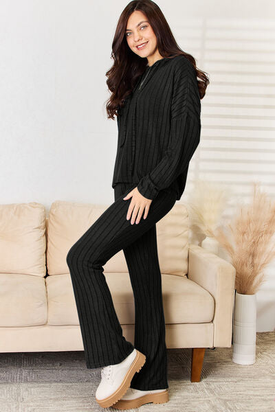 Stacey B's Basic Bae Full Size Ribbed Drawstring Hood Top and Straight Pants Set