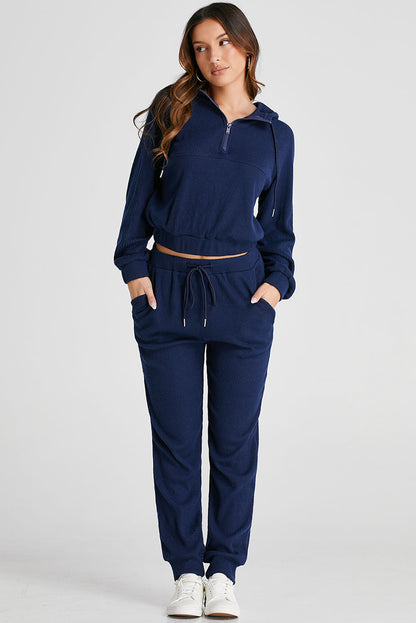 Stacey B's Navy Blue Ribbed Knit Cropped Hoodie and Drawstring Joggers Set