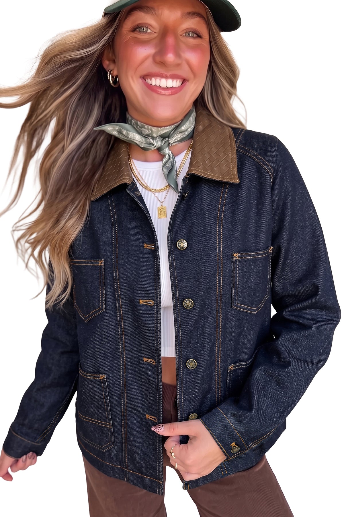 Stacey B's Navy Blue Contrast Collar Stitched Detail Button Denim Jacket