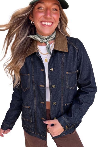 Stacey B's Navy Blue Contrast Collar Stitched Detail Button Denim Jacket
