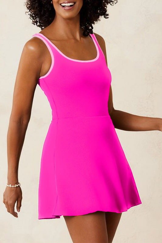 Stacey B's Rose Red Contrast Trim Neckline Active Shorts Attached One Piece Swim Dress