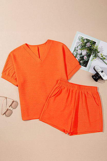 Stacey B's Orange Textured V Neck T Shirt and Shorts Set