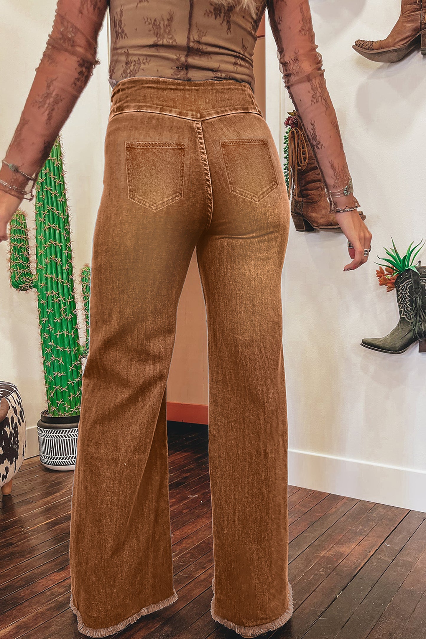 Stacey B's Coffee High Waist Button Fly Seamed Raw Hem Flare Jeans