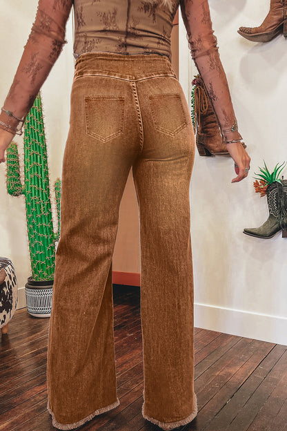 Stacey B's Coffee High Waist Button Fly Seamed Raw Hem Flare Jeans