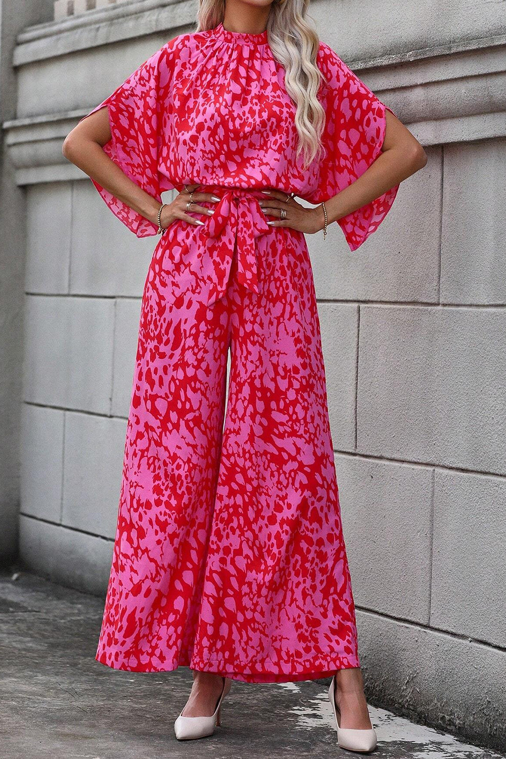 Stacey B's Rose Leopard Print Flounce Sleeve Belted Wide Leg Jumpsuit