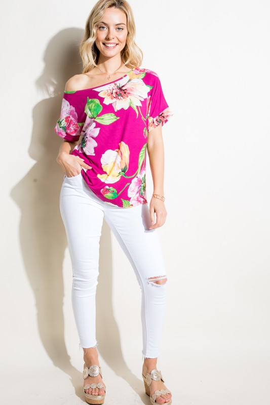 Stacey B's Plus Floral  One Shoulder Boxy Top