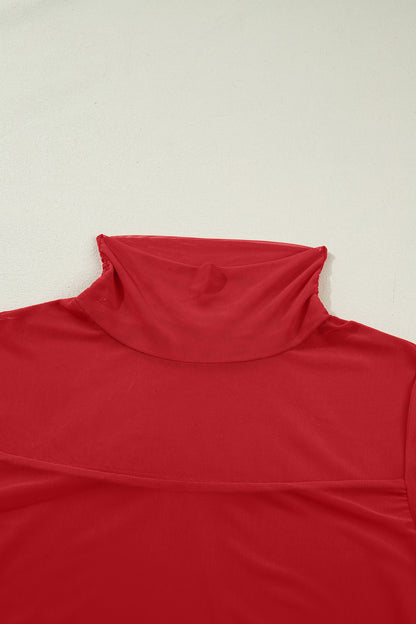 Stacey B's Fiery Red Sheer Mesh Patchwork High Neck Long Sleeve Top