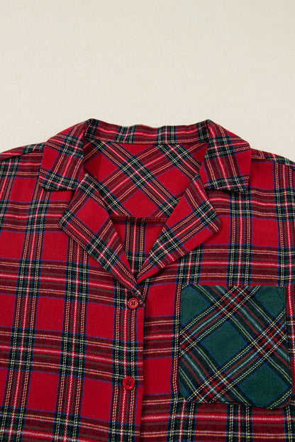 Stacey B's Red Plaid Contrast Color Christmas Holiday Long Sleeve Shirt and Shorts Pajama Set