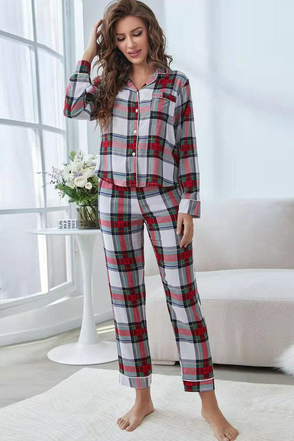 Stacey B's Plaid Button Front Top and Pants Lounge Set