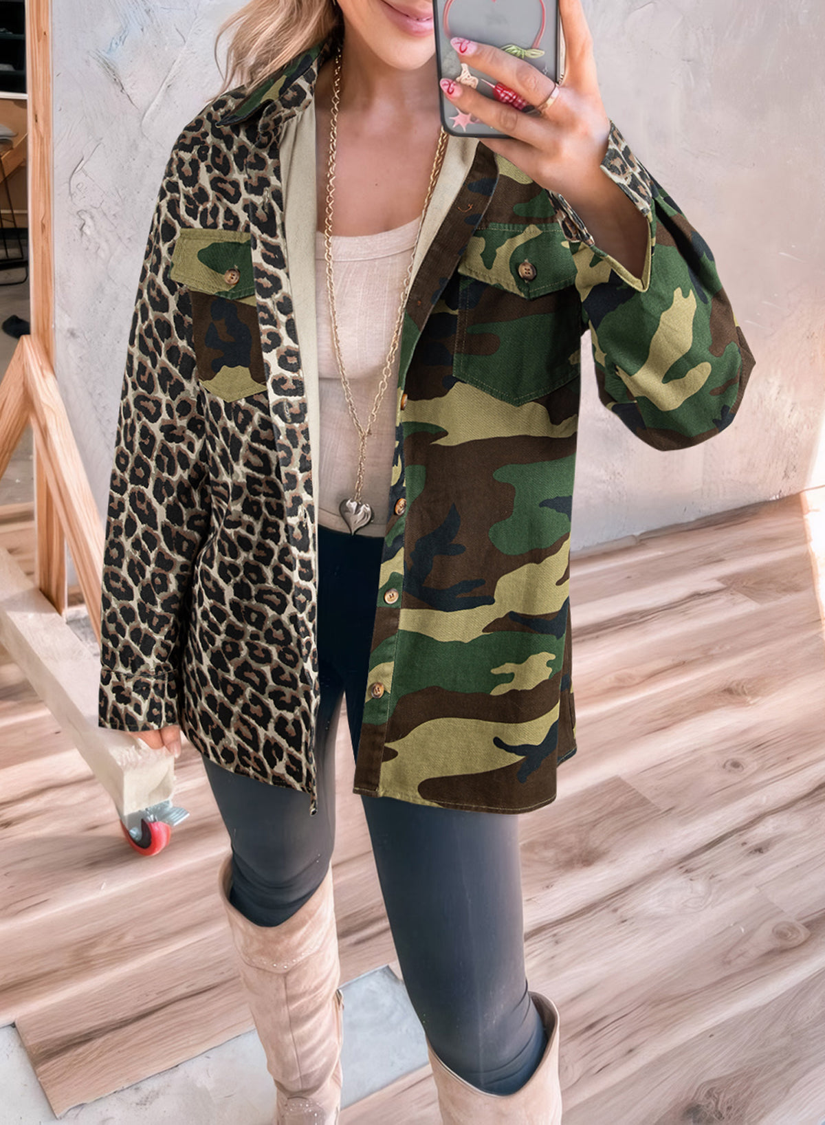 Stacey B's Brown Leopard Camo Patchwork Oversize Shacket