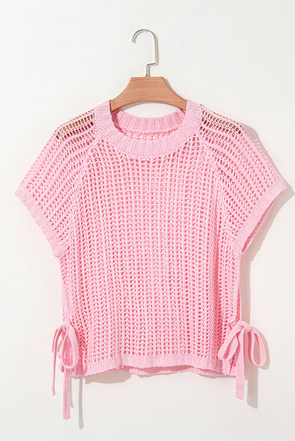 Stacey B's Pink Side Tie Hollow-out Crochet Knit Top