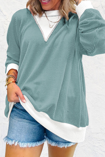 Stacey B's Light Blue Corded Colorblock Drop Shoulder Loose Top