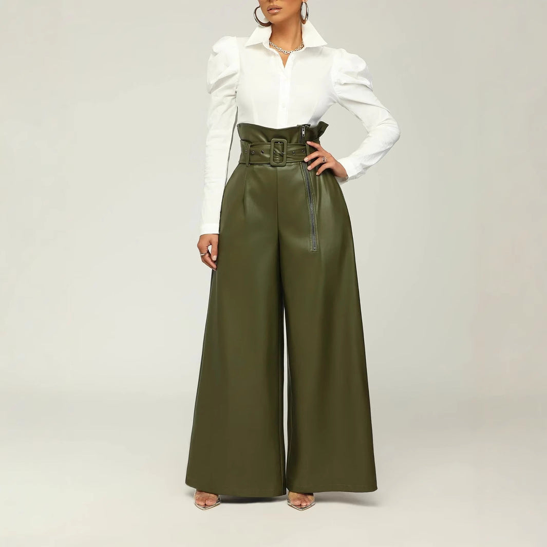 Fashion High-Waisted Long Pants for WomenStyle PU Leather Trousers with Metallic Belt, Wide Leg Pants, INS Trendy Nightclub Look