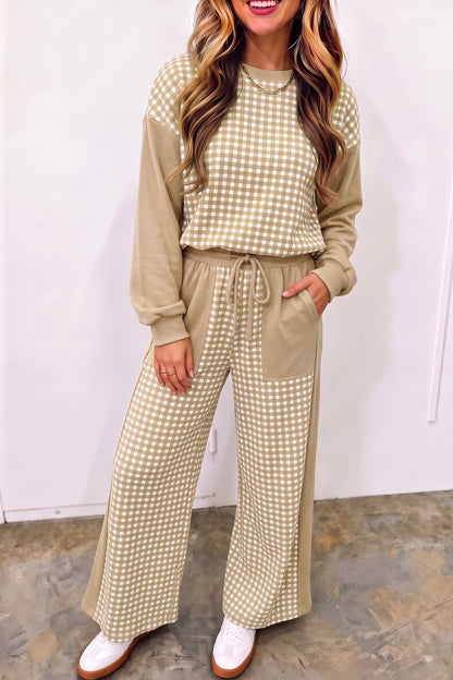 Stacey B's Brown Color Block Plaid Patchwork Long Sleeve Pullover Wide Leg Pant Set