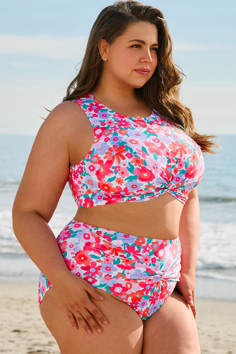 Stacey B's  Rose Plus Size Floral Print Twisted High Waist Bikini Set