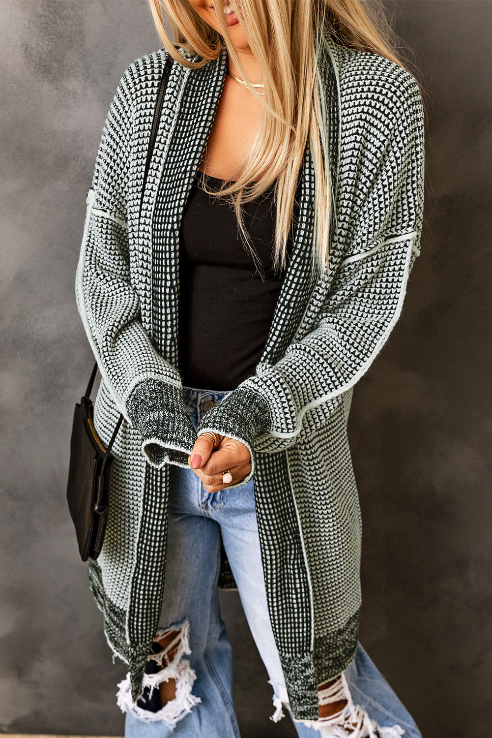 Stacey B's Gray Plaid Knitted Long Open Front Cardigan