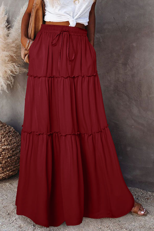 Stacey B's Fiery Red Black Frill Tiered Drawstring Waist Maxi Skirt
