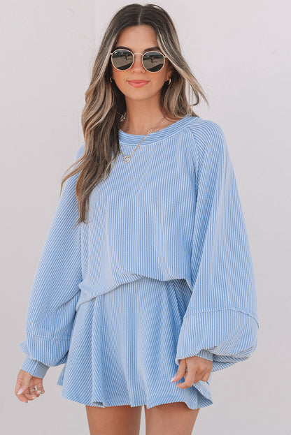 Stacey B's Sky Blue Corded Lantern Sleeve Top High Waist Ruffled Mini Skort Set