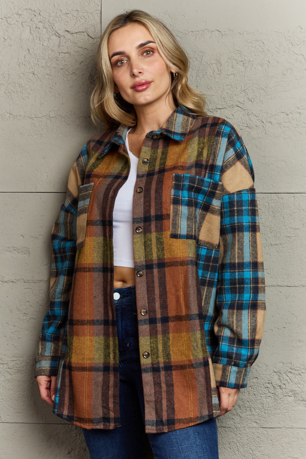 Stacey B's Plaid Curved Hem Shirt Jacket with Breast Pockets