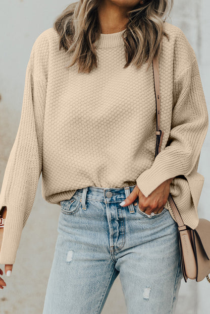 Stacey B's Parchment Solid Textured Knit Split Cuff Drop Shoulder Loose Sweater