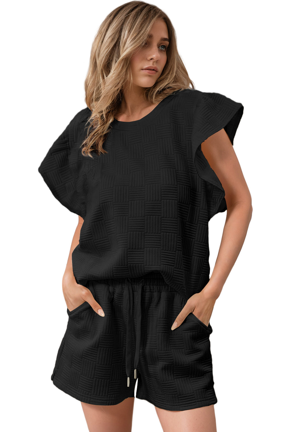 Stacey B's Black Textured Ruffle Sleeve Tee and Drawstring Shorts Set