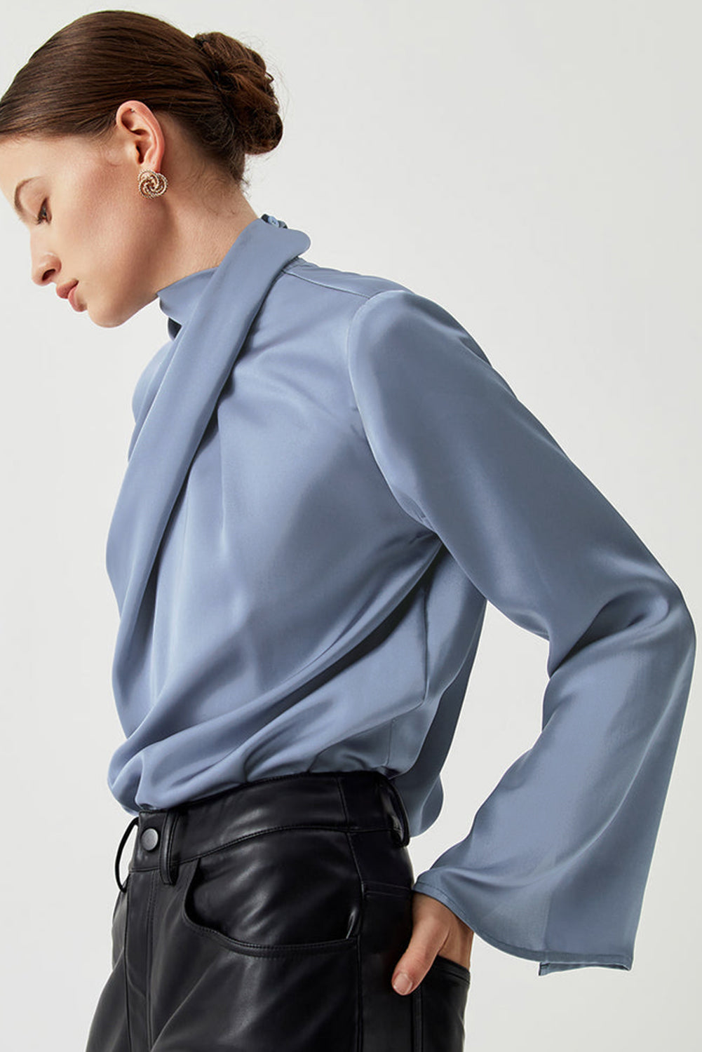 Stacey B's Ivy Asymmetric Turtleneck Elegant Satin Blouse