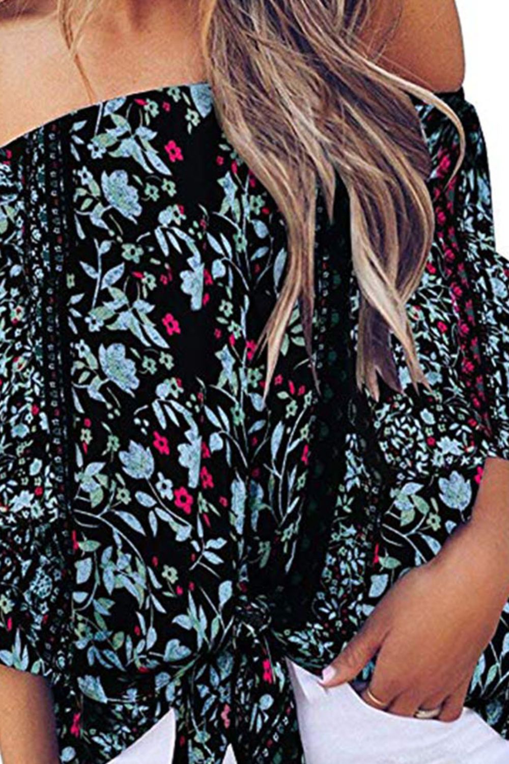 Stacey B's Tied Printed Off-Shoulder Half Sleeve Blouse