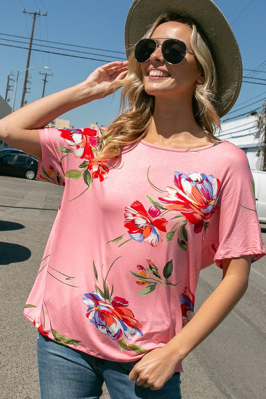 Stacey B's Plus Floral Twist Back Loose Fit Top