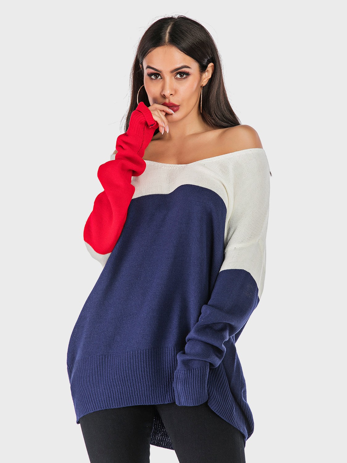 Stacey B's Perfee Contrast V-Neck Long Sleeve Knit Top