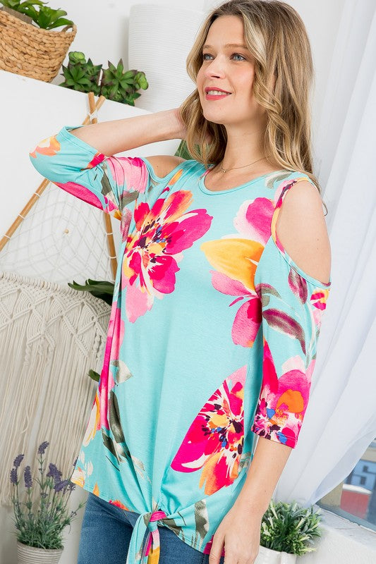 Stacey B's Plus Floral Print Cold Shoulder Top