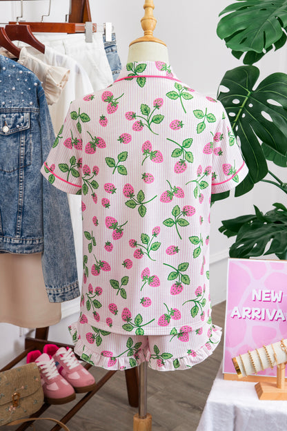 Stacey B's Pink Striped Strawberry Print Lapel Shirt Drawstring Shorts 2pcs Pajama Set