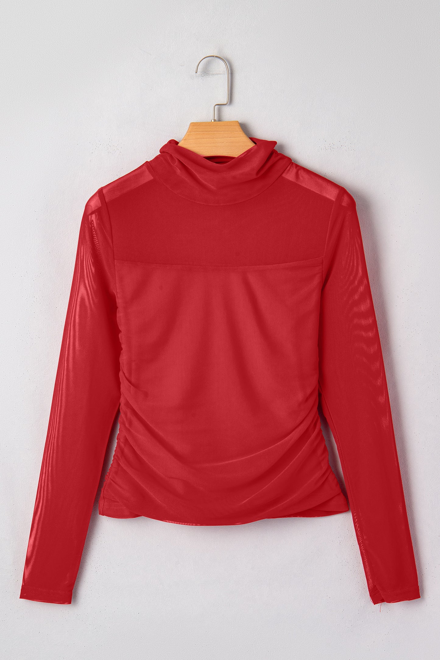 Stacey B's Fiery Red Sheer Mesh Patchwork High Neck Long Sleeve Top