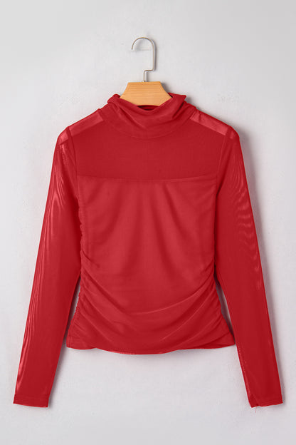 Stacey B's Fiery Red Sheer Mesh Patchwork High Neck Long Sleeve Top