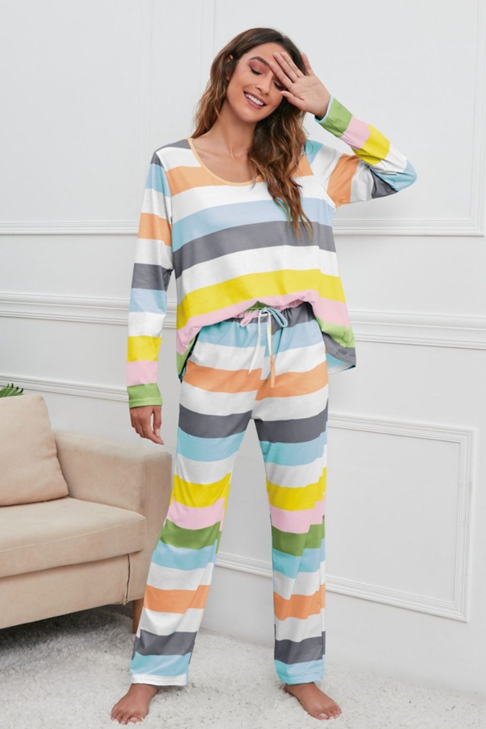 Stacey B's Striped Round Neck Long Sleeve Top and Drawstring Pants Lounge Set