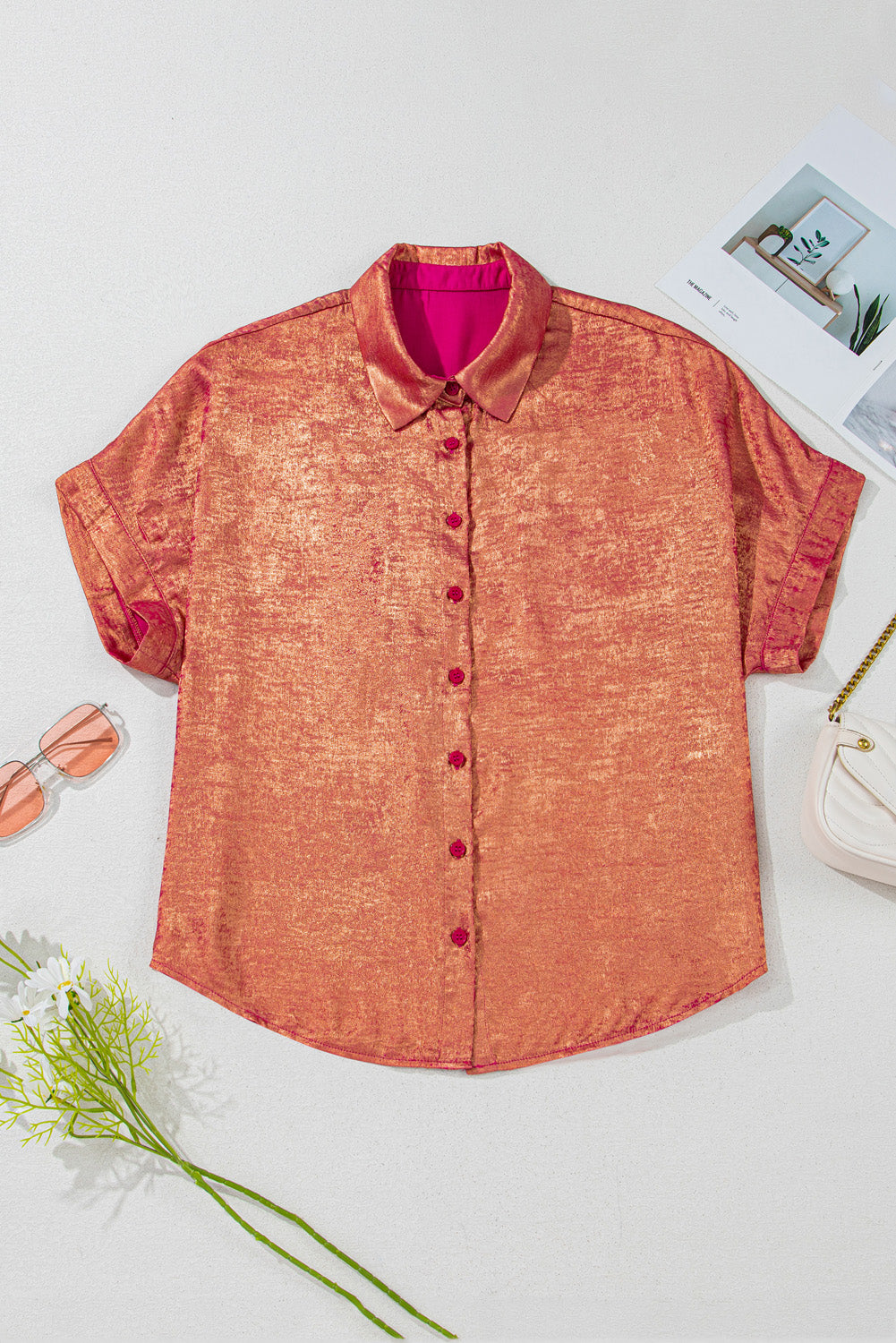 Stacey B's Rose Red Plus Size Metallic Sheen Short Sleeve Button Up Shirt