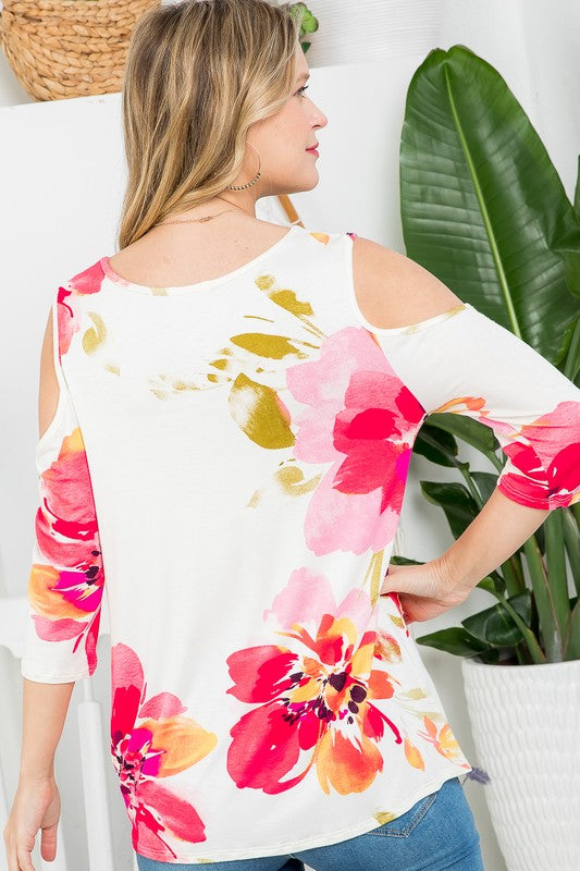 Stacey B's Plus Floral Print Cold Shoulder Top