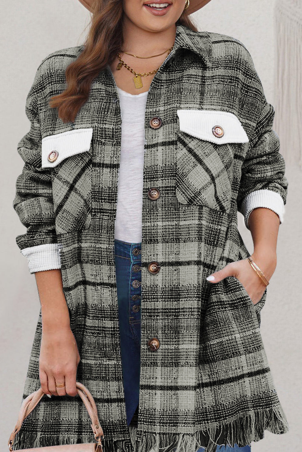 Stacey B's Black Plus Size Macrame Plaid Coat