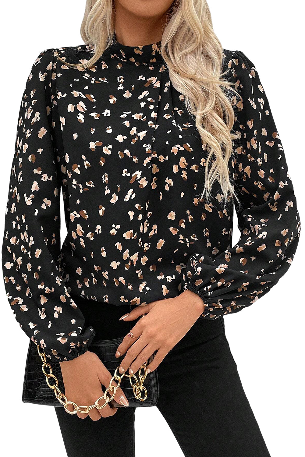 Stacey B's Black Leopard Print Puff Sleeve Mock Neck Pleated Blouse