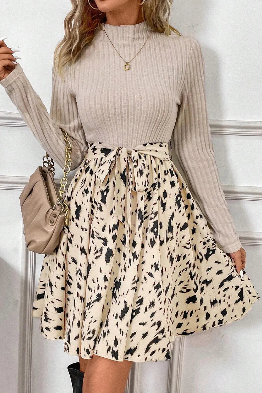 Stacey B's Tied Printed Mock Neck Long Sleeve Dress