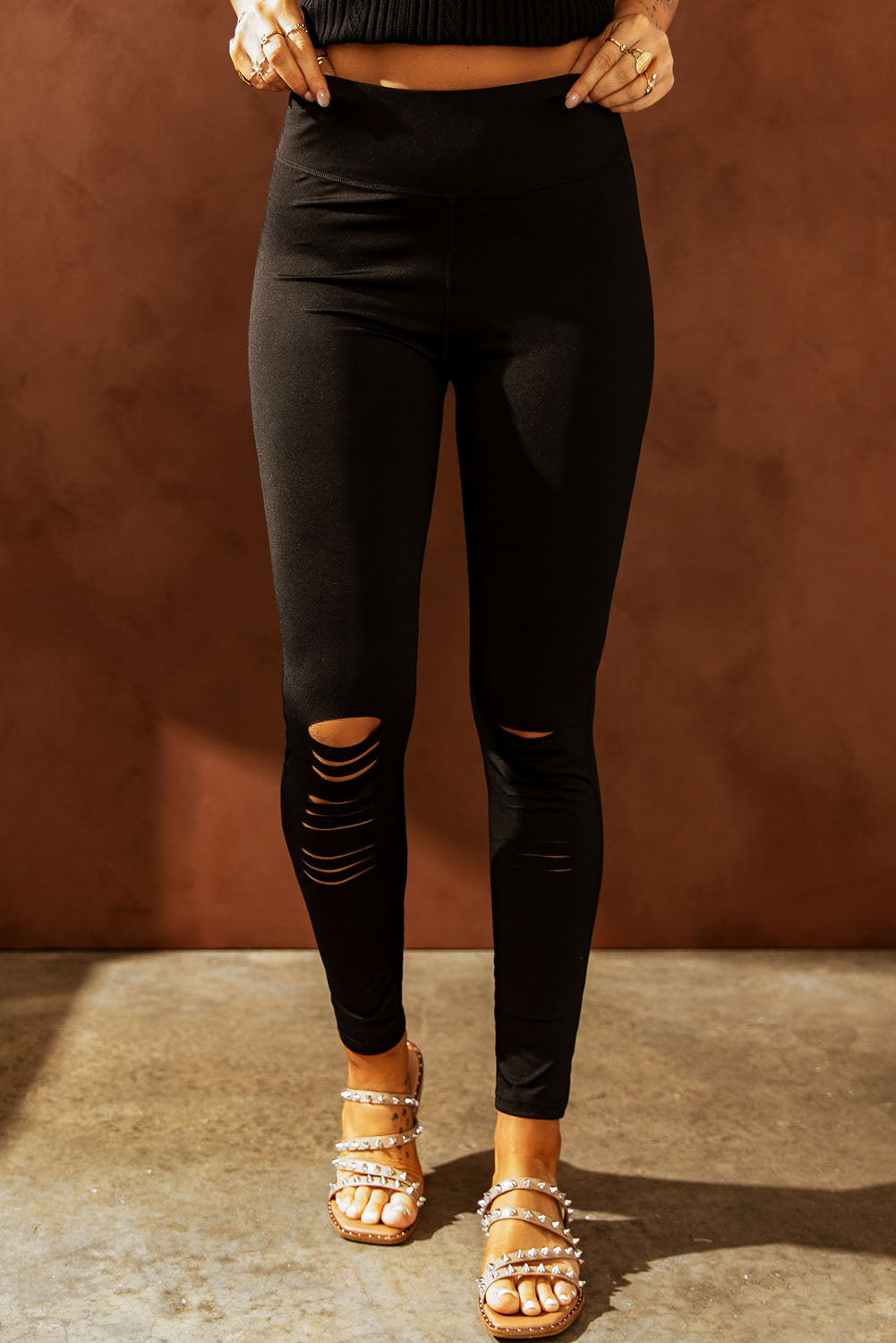 Stacey B's Wide Waistband Distressed Slim Fit Leggings