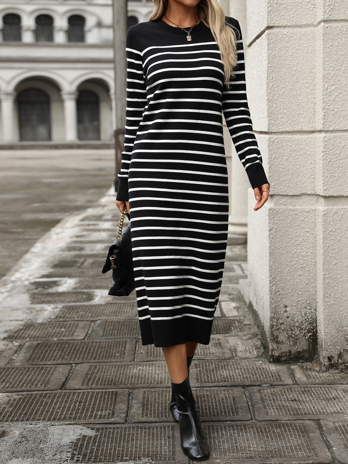 Stacey B's Striped Round Neck Long Sleeve Dress